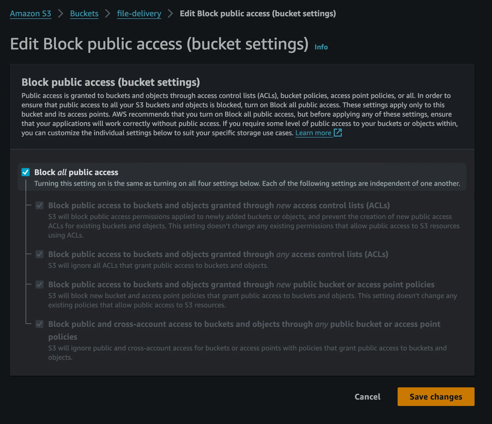 Bucket public access settings step 1