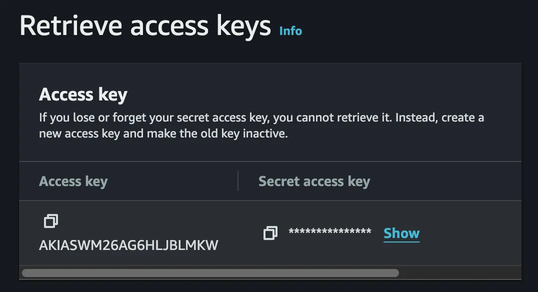Screenshot showing IAM access key creation complete.