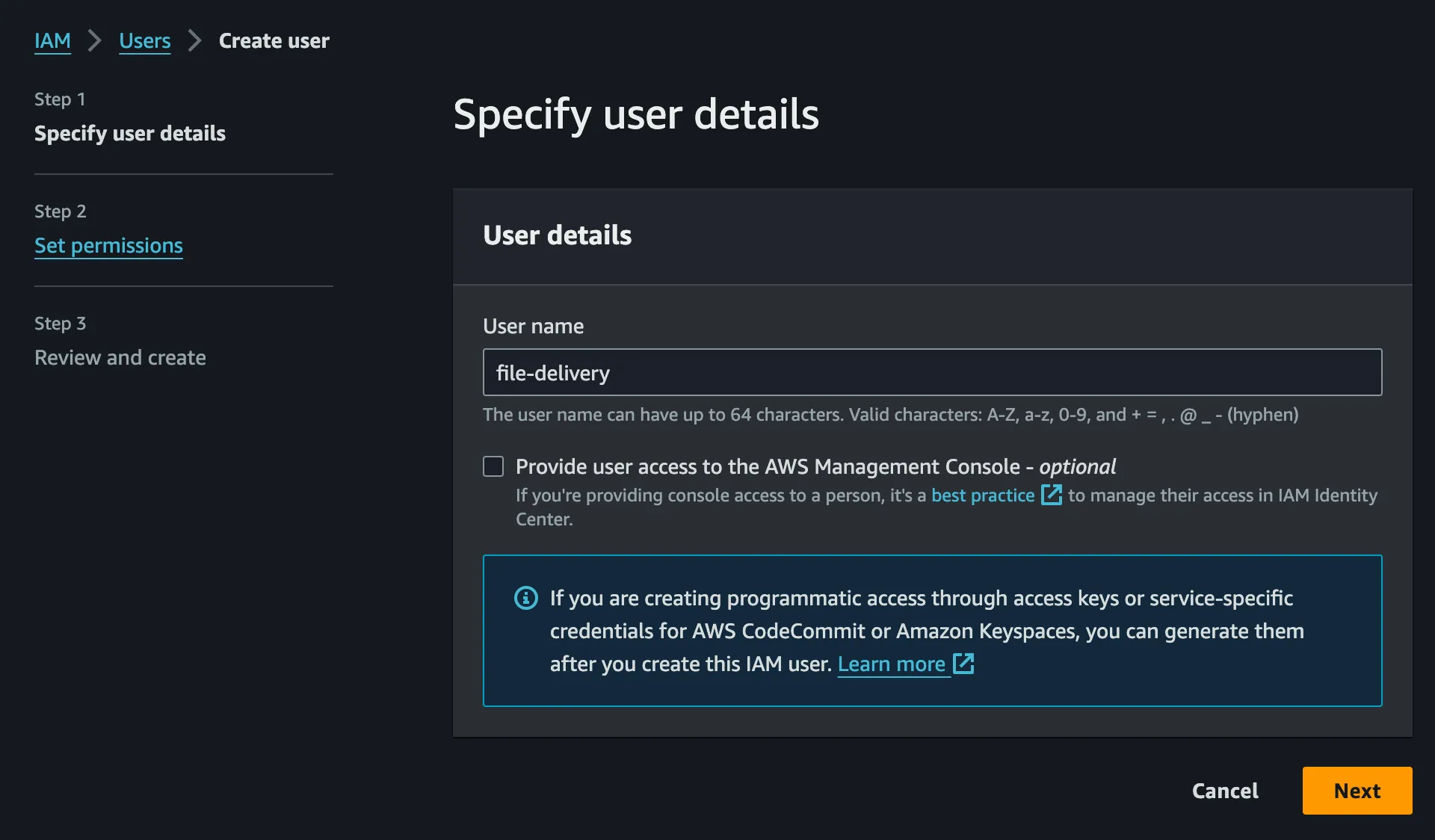 IAM user creation step 2