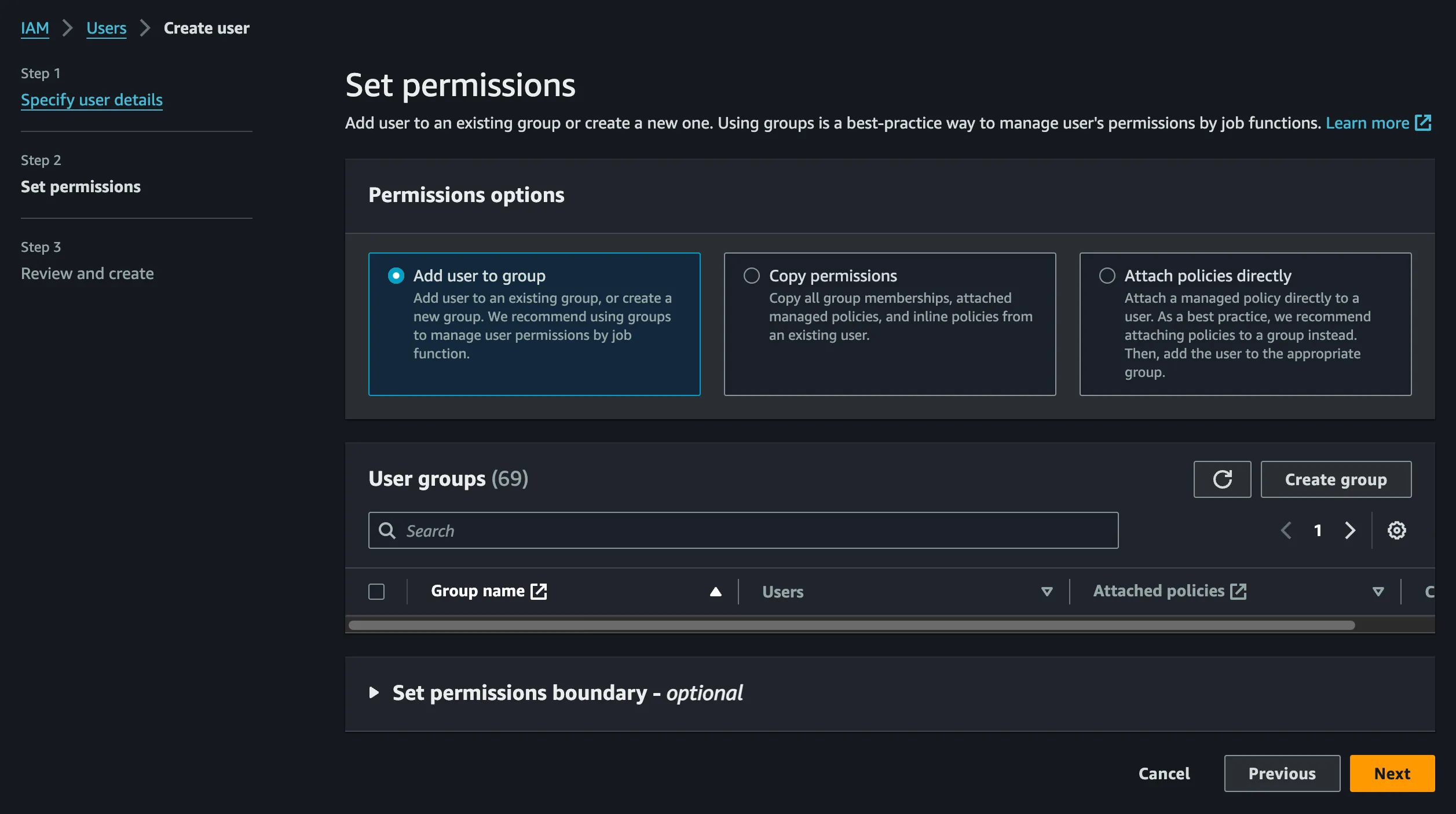 IAM user creation step 3