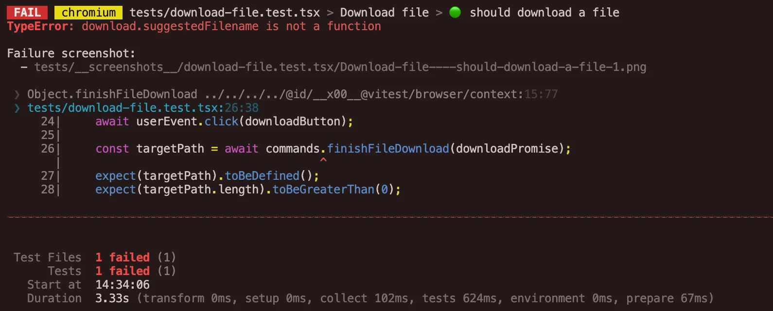 Screenshot showing test failure due to download promise not having suggestedFilename function.