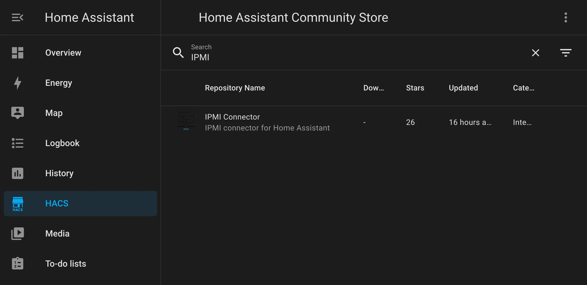 HACS dashboard showing search for IPMI