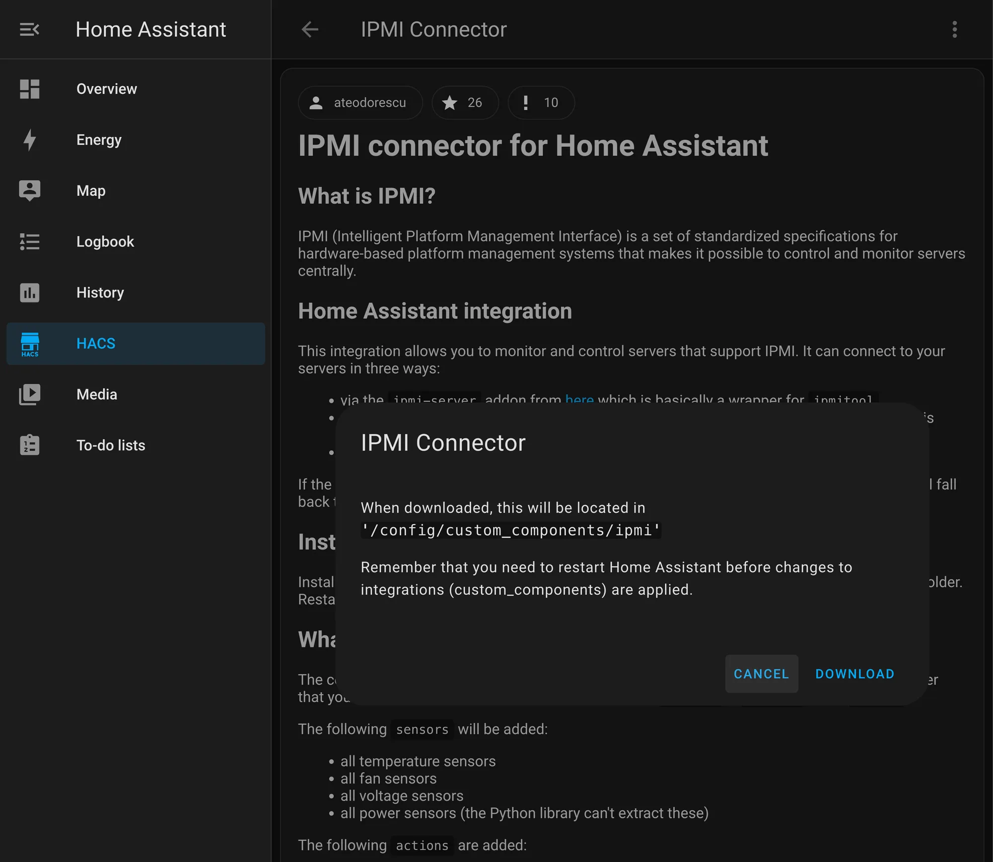 IPMI Connector in HACS search results