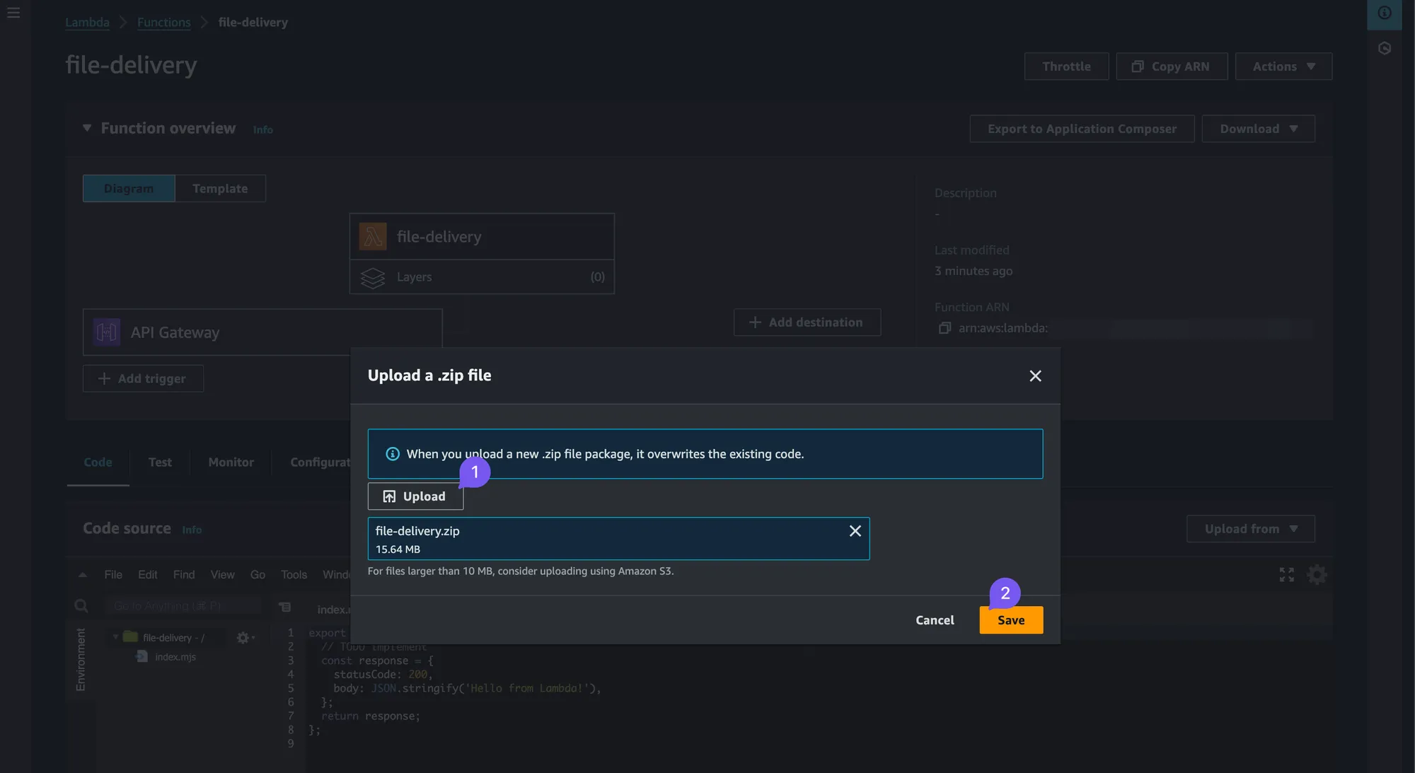 Lambda code upload step 2
