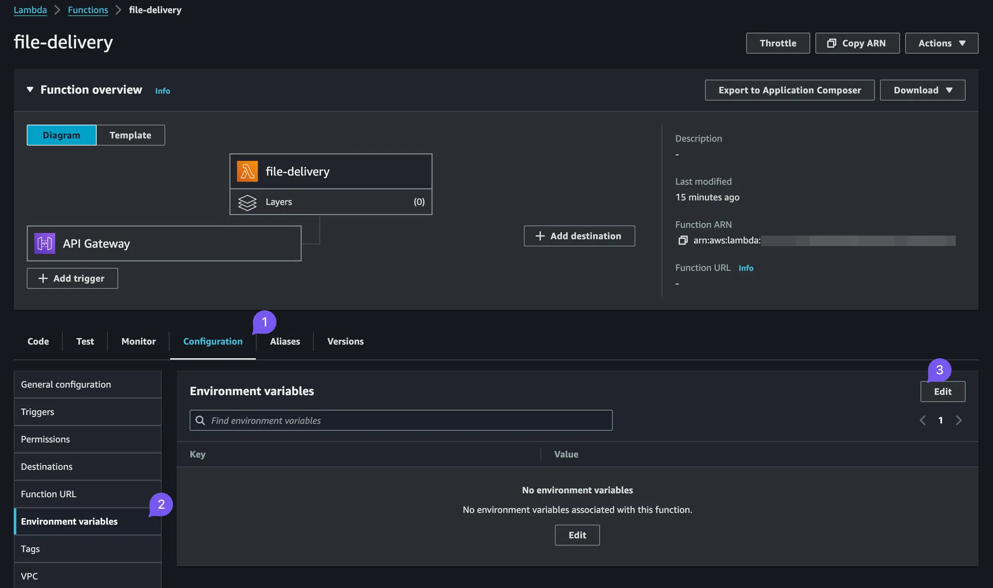 Lambda environment variables step 1