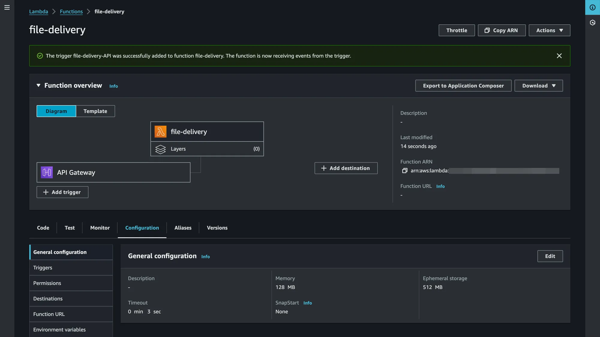 Lambda function overview page showing the skeleton is ready.