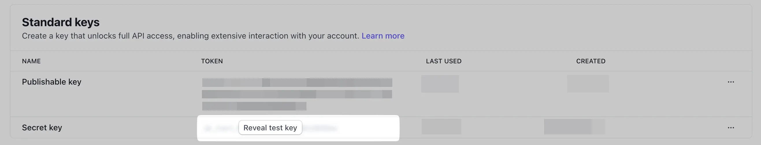 Stripe API keys page.