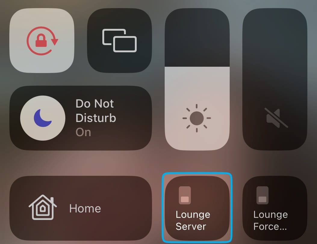 A screenshot of an iOS Control Centre with the Lounge Server toggle highlighted.