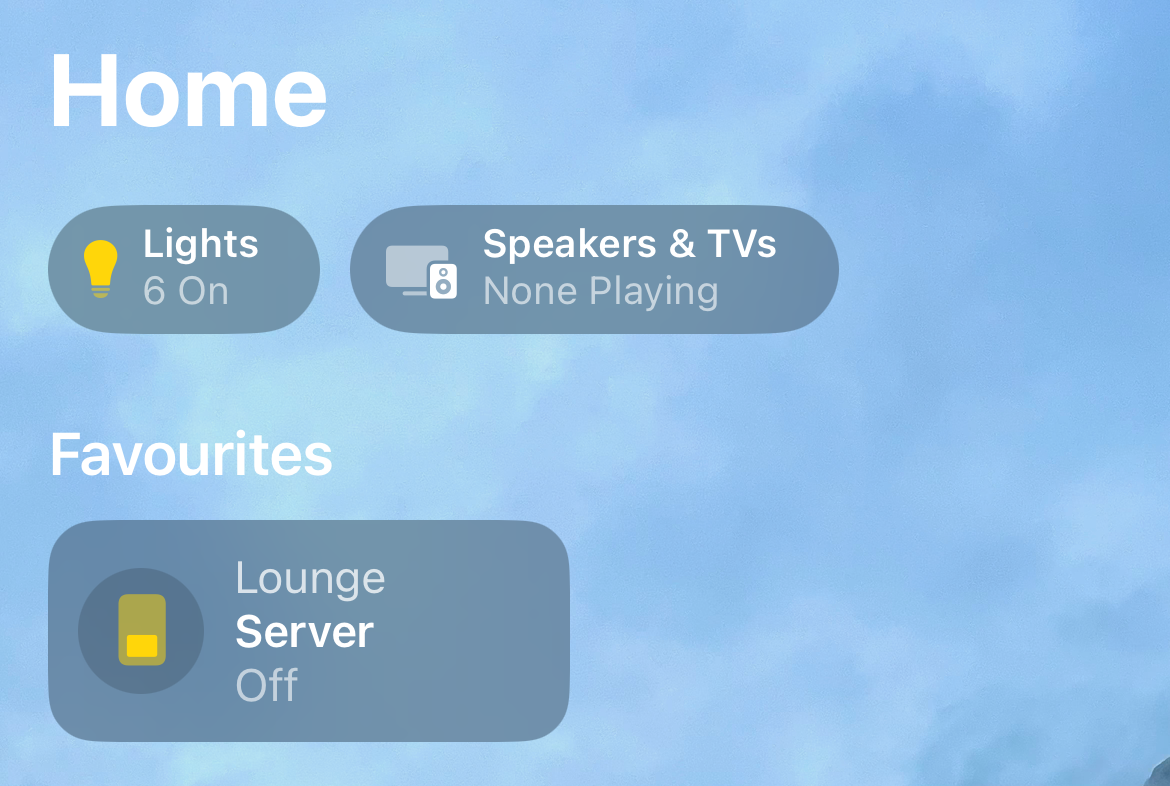 A screenshot of Apple Home, showing Favourites Area with the Lounge Server toggle available.