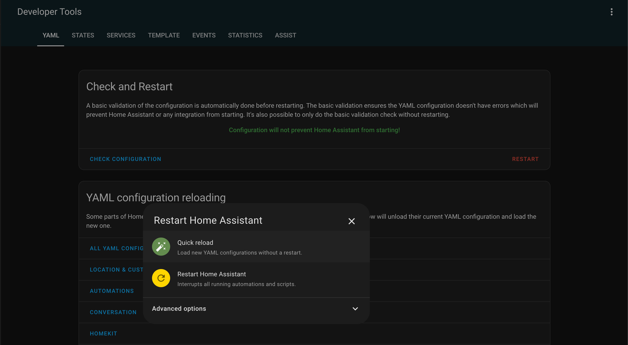 A screenshot of Home Assistant Developer Tools window with Restart Home Assistant modal open and Quick reload hovered over.