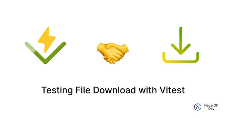 Vitest logo left, download icon right, handshake emoji center, post title below, NeverOff Dev logo bottom-right.